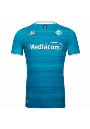 Maillot de football bleu sarcelle à manches courtes avec bordure blanche, logo Mediacom au centre, logo Kappa sur la poitrine et emblème du club en haut à gauche.