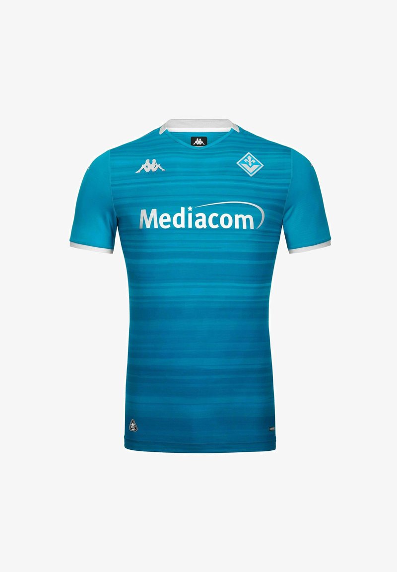 Maillot de football bleu sarcelle à manches courtes avec bordure blanche, logo Mediacom au centre, logo Kappa sur la poitrine et emblème du club en haut à gauche.