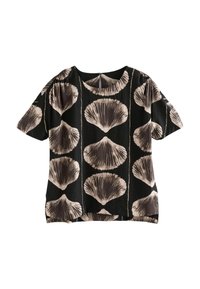 Haut noir à manches courtes avec un imprimé coquillage crème. Tissu léger avec un col rond et une coupe décontractée. Design texturé avec des lignes verticales.