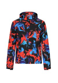 Multikleuren jack met een gemarmerd ontwerp in rood, blauw en zwart. Inclusief een capuchon en een rits aan de voorkant, gemaakt van glad, lichtgewicht materiaal.