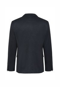 Black textured blazer with a notched collar, long sleeves, and two buttoned side pockets. Tailored fit, smooth fabric finish.