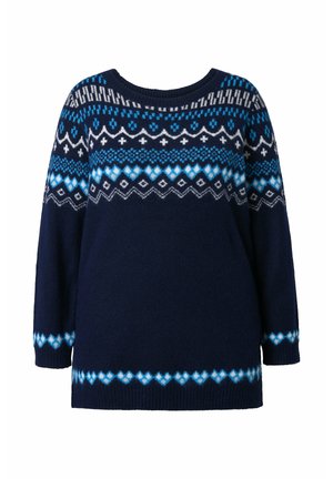 Marineblå strikket sweater med lange ærmer, der har et geometrisk mønster i hvidt og blåt Fair Isle langs halsudskæringen og kanten.