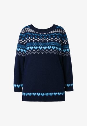 Maglione lavorato a maglia blu navy con maniche lunghe, caratterizzato da un motivo geometrico Fair Isle bianco e blu lungo il collo e l'orlo.