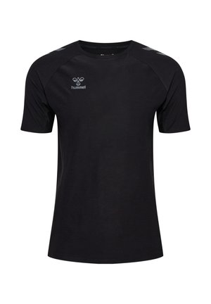 Zwart t-shirt met korte mouwen gemaakt van een gladde stof. Het heeft raglanmouwen, een ronde hals en een klein logo op de borst.