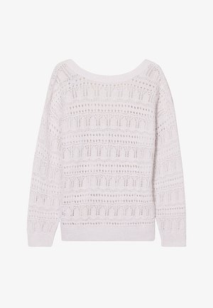 Gebreid sweatshirt in lichtroze met een opengewerkt ontwerp met horizontale strepen en textuurpatronen. Ribbelboord bij de hals en mouwen.