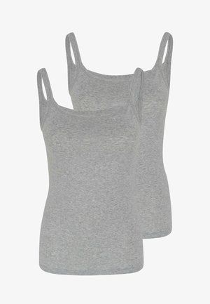 Due canotte semplici in cotone grigio chiaro senza maniche, con sottili spalline, sovrapposte con una leggermente dietro l'altra.