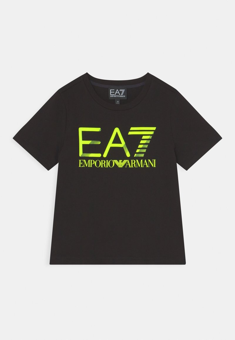 Black cotton t-shirt featuring a prominent reflective EA7 logo in neon yellow and a crew neckline, short sleeves, and a standard fit.