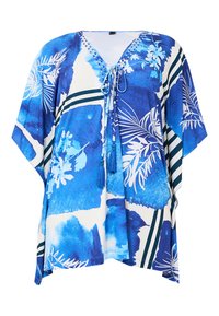 Blauwe bloemenprint kaftan met een V-hals, trekkoorddetail en franjes. Bevat witte en groene strepen, gemaakt van lichtgewicht stof.