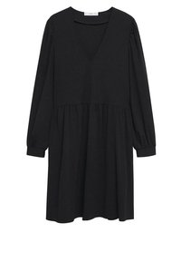 Robe noire avec un décolleté en V et de longues manches bouffantes. Fabriquée en tissu doux, elle dispose d'une taille froncée et d'une jupe décontractée et fluide.