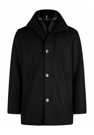 Juodas paltas su aukštu apykakle, su mygtukų uždarymu ir dviem šoninėmis kišenėmis. Pagamintas iš tekstūruotos medžiagos, su metaliniais mygtukais ir akcentais.