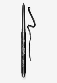 Revlon ColorStay eyeliner in een slanke zwarte terugtrekbare potlood met een doorzichtige bodem. Een zwarte applicatielijn kromt ernaast.