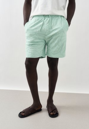 Férfi világoszöld mintás, húzózsinóros rövidnadrágban, fehér pólóban és barna papucsban, zsebeiben tartott kézzel áll.