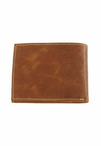 Brown leather wallet with a textured finish, features contrasting white stitching along the edges, bi-fold design for compact storage.