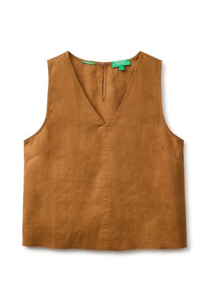 Haut marron en lin sans manches avec col en V et fermeture par boutons au dos, étiqueté United Colors of Benetton, posé à plat sur fond blanc.