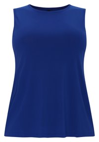 Blå ærmeløs top lavet af glat, strækbart stof, med rund halsudskæring og en afslappet pasform, der smalner let ind ved hoftene.
