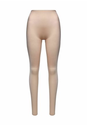 Beżowe legginsy o gładkiej fakturze i wysokim stanie, z dopasowanym krojem sięgającym kostek, bez wzorów i ozdób.