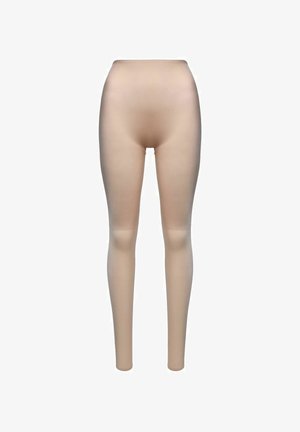 Beige leggings with a smooth texture and high waistband, featuring a form-fitting design that extends to the ankles without patterns or embellishments.