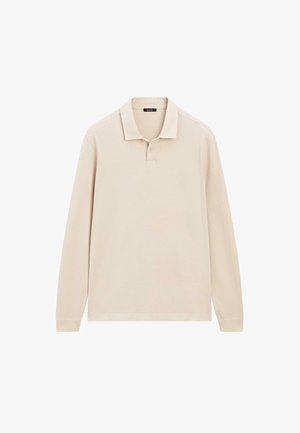 Lange mouwen polo shirt in lichtbeige katoen. Kenmerkt zich door een klassieke kraag, een placket met drie knopen en ribgebreide manchetten. Simpel, minimalistisch ontwerp.