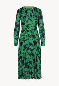 Groene bloemenjurk met lange mouwen, geplooid ontwerp en een donkerblauwe bloemenpatroon overal. Ritsluiting aan de achterkant.