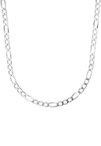 Collier en chaîne Figaro argent avec des maillons ovales courts et longs alternés sur fond blanc.