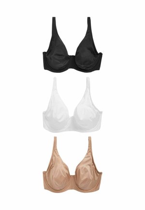 Trois soutiens-gorge présentés, de couleur noire, blanche et nude. Chacun a une finition en tissu lisse, des bretelles ajustables et une forme de bonnet classique.