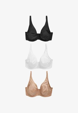 Trei sutiene expuse, colorate în negru, alb și nud. Fiecare are un finisaj de țesătură netedă, bretele ajustabile și o formă clasică a cupelor.