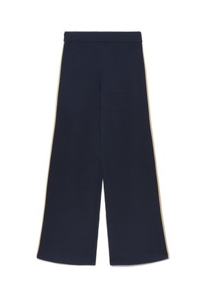 Pantaloni blu navy a gamba larga con vita elasticizzata e strisce laterali beige, stesi su uno sfondo bianco.