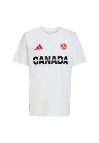 Camiseta de algodón blanca con un texto negro "CANADÁ" y un logo rojo en el pecho, con detalles de tres rayas rojas en los hombros.