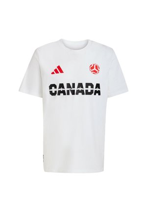 White cotton t-shirt featuring a black "CANADA" text and a red logo on the chest, with red three-stripe details on the shoulders.