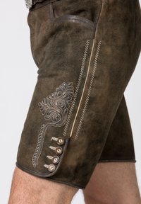 Shorts en cuir marron avec des broderies décoratives, dotés d'une fermeture éclair sur le côté et de cinq boutons décoratifs sur l'ourlet. Conception texturée et ajustée.