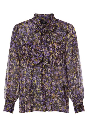 Blusa transparente de manga larga con un patrón floral abstracto en púrpura, amarillo y negro, y un gran cuello con lazada.