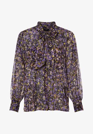 Blusa transparente de manga larga con un patrón floral abstracto en púrpura, amarillo y negro, y un gran cuello con lazada.