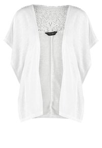 Bílý lehký kimono-styl top s krátkými rukávy, otevřeným předním dílem a propracovanými krajkovými detaily na zádech. Měkká, strukturovaná tkanina. Ležérní design.