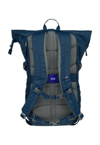 Navy blue backpack, roll-top design, padded gray mesh back, adjustable straps, quick-release buckles, front zipper pocket, logo detail inside.