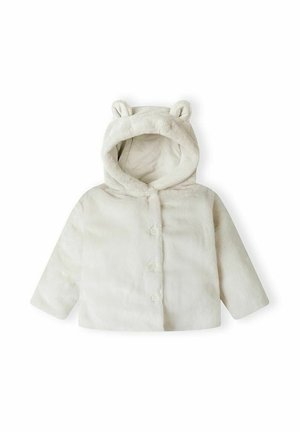 Veste blanche douce pour tout-petit avec capuche présentant de petites oreilles d'ours et une fermeture à boutons sur le devant, posée à plat sur un fond blanc.