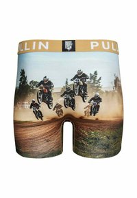 Boxer assortis avec une impression photographique multicolore de pilotes de motocross, avec une ceinture élastique beige affichant le nom de la marque "PULLIN".