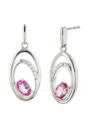 Silver oval-shaped drop earrings with a central pink oval gemstone and small clear crystals on the inner curve of the oval frame.