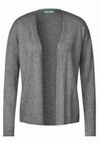 Grå långärmad cardigan med öppen framsida, gjord av mjukt stickat tyg. Har en rak skärning och ribbad detaljering längs kanterna.