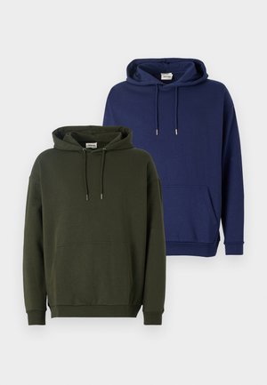 Two hooded sweatshirts, one olive green and one navy blue. Both have a front pocket, drawstring hood, and ribbed cuffs.