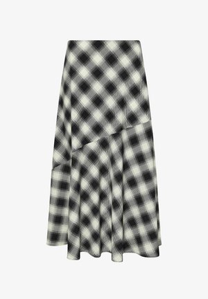 Schwarz-weißer karierten Rock aus weichem Stoff, mit einem ausgestellten Design und einem gestuften Faltendetail sowie einer glatten Textur.