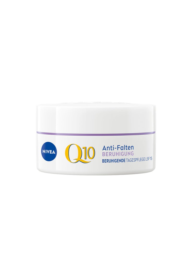 Round white cream jar with a purple stripe and Nivea logo. Label features "Q10 Anti-Falten Beruhigung" and "Beruhigende Tagespflege LSF 15."
