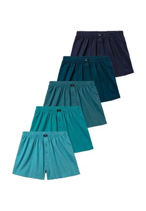 Set aus fünf Herren-Boxershorts in verschiedenen Schattierungen von Teal und Marineblau. Mit elastischem Taillenbund und Knopfverschluss vorne. Aus weichem Stoff.