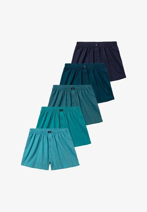 Set aus fünf Herren-Boxershorts in verschiedenen Schattierungen von Teal und Marineblau. Mit elastischem Taillenbund und Knopfverschluss vorne. Aus weichem Stoff.