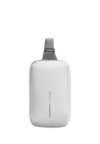 Sac à bandoulière compact blanc avec une texture lisse, muni d'une sangle grise et d'un design minimaliste. Logo de la marque affiché au centre.
