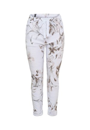 Hvide, tilspidsede bukser med beige og brun blomsterprint og hvid snor ved den elastiske talje.