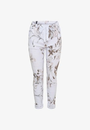 Hvide, tilspidsede bukser med beige og brun blomsterprint og hvid snor ved den elastiske talje.