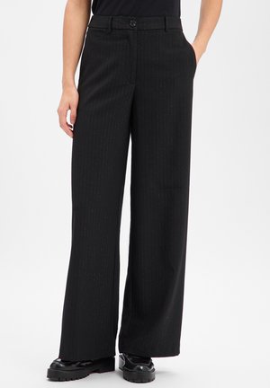 Black wide-leg trousers with a pinstripe pattern, featuring a button closure and slanted pockets, made from a smooth fabric.