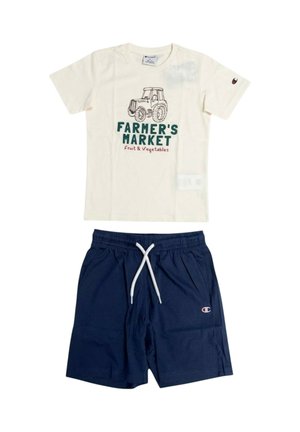 Maglietta crema a maniche corte con trattore e scritta "Farmer's Market", abbinata a pantaloncini blu navy con coulisse.