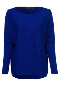 Pull bleu tricoté avec un large col, des manches longues et une coupe décontractée. Présente des détails côtelés à l'arrière et un ourlet arrondi.