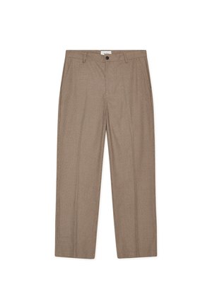 Καφέ παντελόνια με στενό καρό μοτίβο, κουμπιά μπροστά, θηλιές για ζώνη και κομμένο ίσιο πόδι.